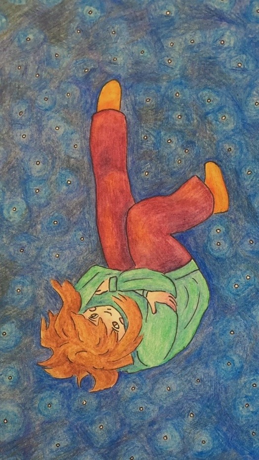 traditional art: water color pencil and ink. Uraraka floats upside down in her pajamas, surrounded by the night sky